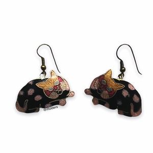 Vintage Calico Tortie Tortoiseshell Cat Kitty Cloisonne Enamel Hook Earrings